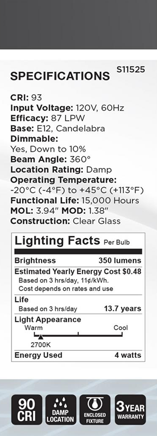 Clear glass LED bulb with E12 candelabra base, warm 2700K light, 350 lumens, dimmable, suitable for damp locations under $50