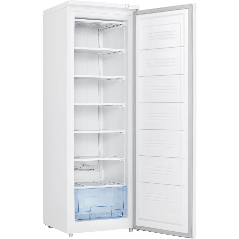 White upright freezer with open door showing multiple interior shelves and a clear storage drawer for kitchen use