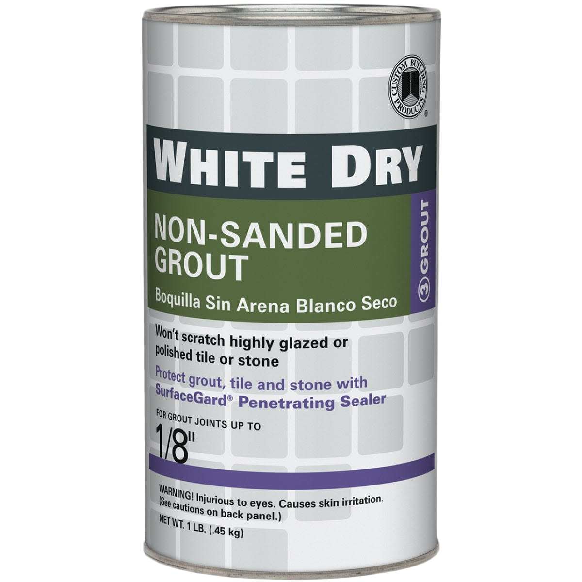 White dry non-sanded grout in container for tile and stone use with surface-guard penetrating sealer protection