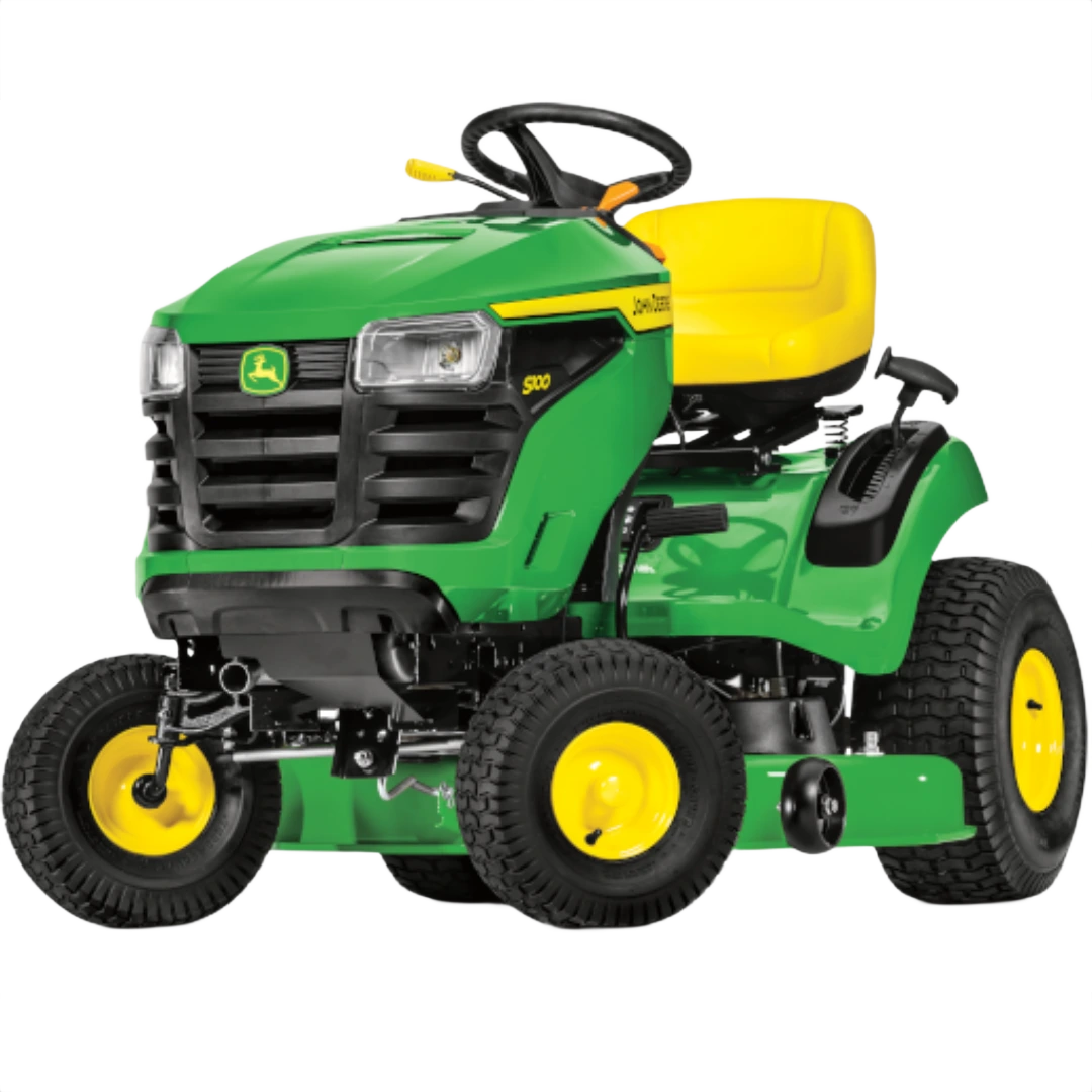 Green and yellow lawn tractor with large black tires and ergonomic seat for efficient yard maintenance tasks