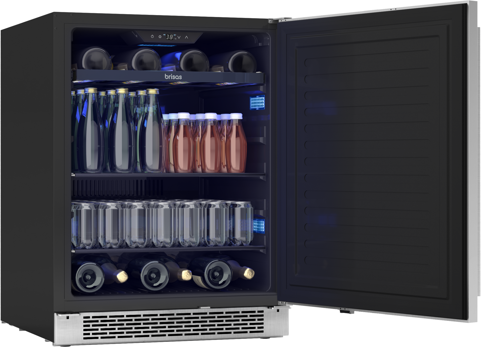 Open beverage cooler with black interior, blue LED lighting, multiple shelves holding bottles and cans, and stainless steel vent grille for kitchen appliances and beverage centers.