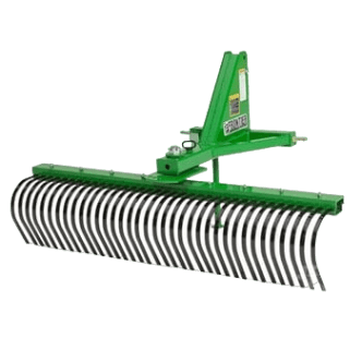 Green steel landscape rake with curved adjustable tines and sturdy frame, part of rental equipment for earthmoving and landscaping at Hartville Hardware.