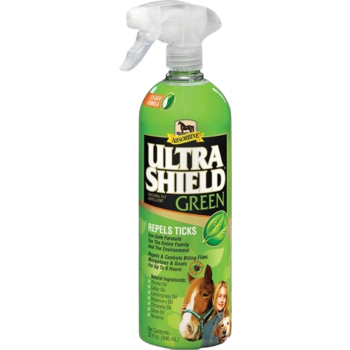 Green spray bottle of natural fly repellent with eco-safe formula for ticks, flies, mosquitoes, and gnats protection