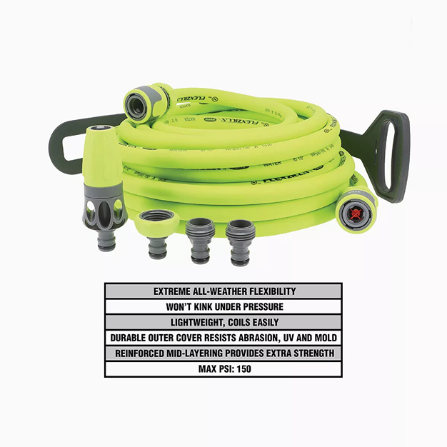 Bright green flexible garden hose with quick connect fittings and multiple nozzle adapters in watering and irrigation tools collection