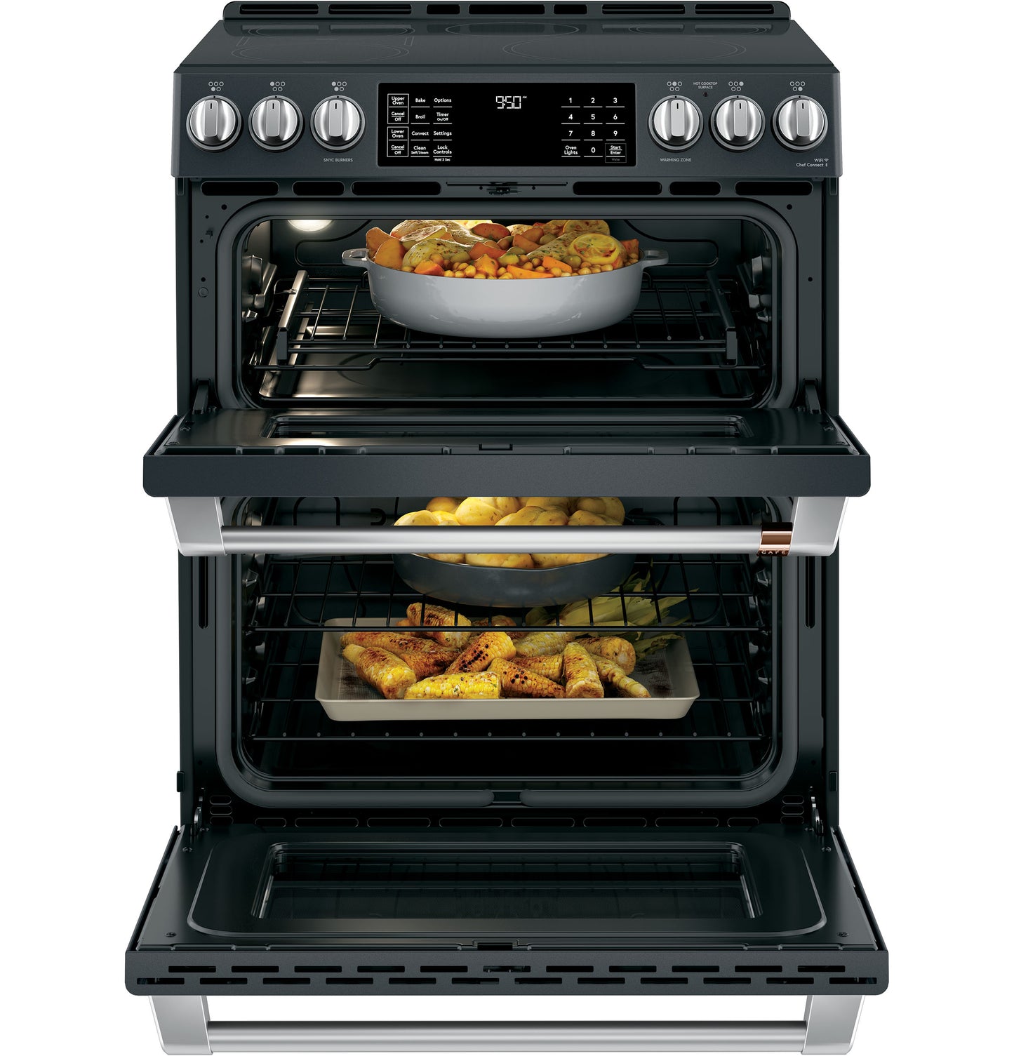 Black double oven range with front controls, convection baking, and induction cooktop from kitchen appliances collections