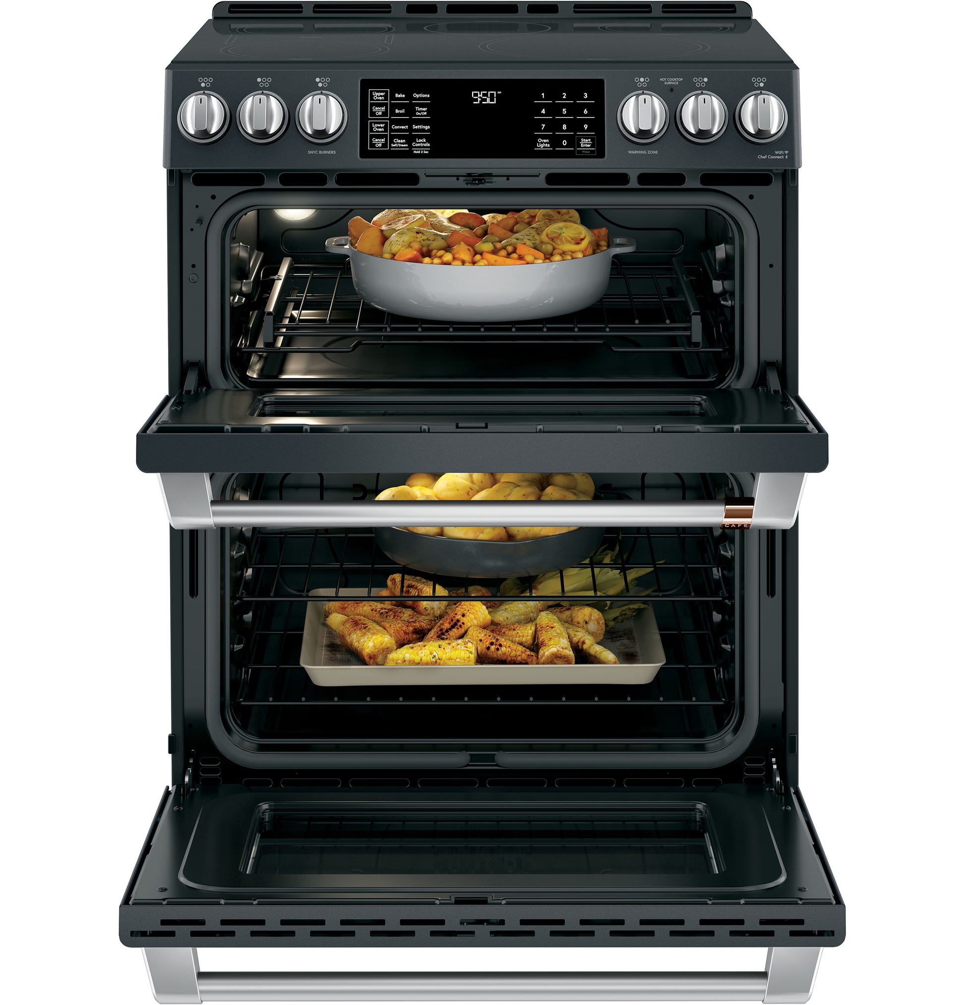 Black double oven range with front controls, convection baking, and induction cooktop from kitchen appliances collections
