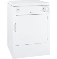 Compact white portable electric dryer with control knob, designed for easy installation in small laundry spaces.
