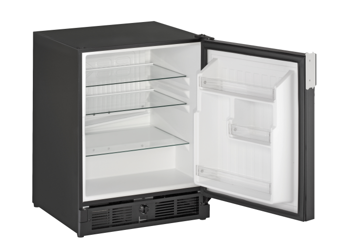 21 inch black refrigerator with glass shelves and open door, suitable for kitchen and appliance use in ADA collection.