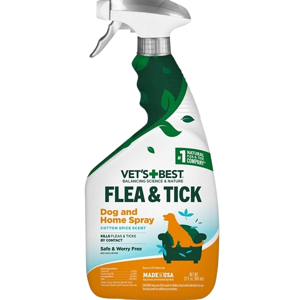 White spray bottle of Vet's Best flea and tick dog and home treatment with green and orange label design