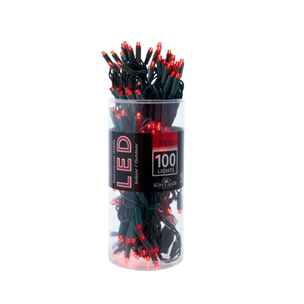 Clear cylindrical container holding compact bundle of red LED string lights with dark green wiring for home use