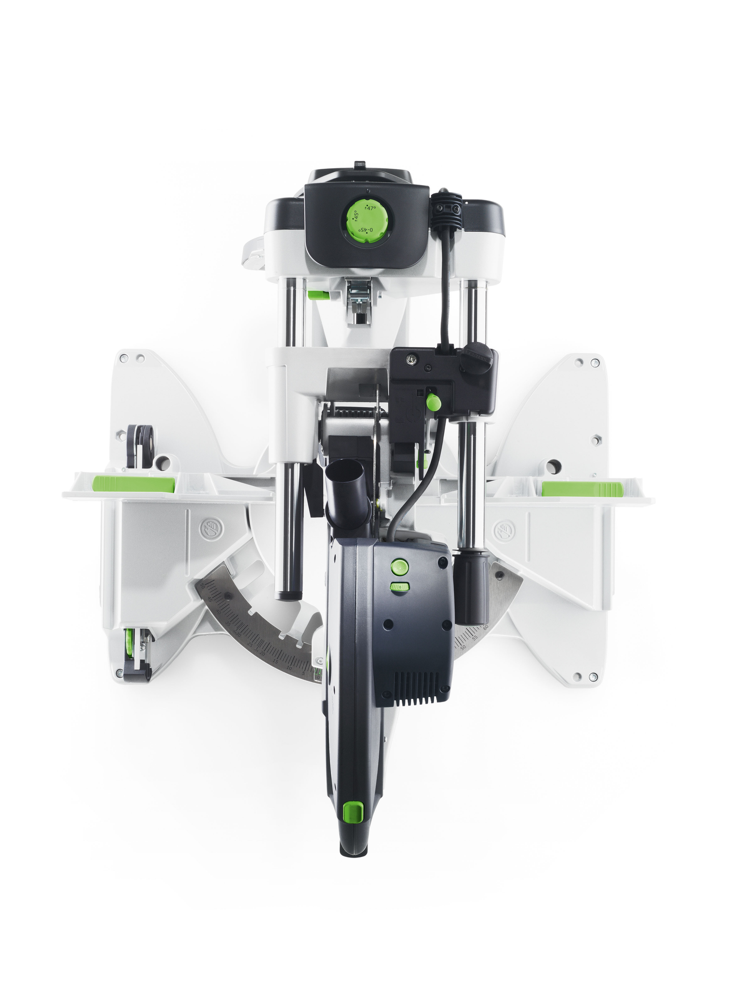 Top view of Festool sliding compound miter saw with angle adjustment and dust extraction in power tools collection