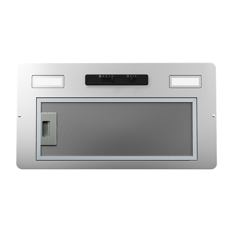 Compact stainless steel insert range hood with mesh filter, LED lights, and adjustable fan controls for kitchen ventilation