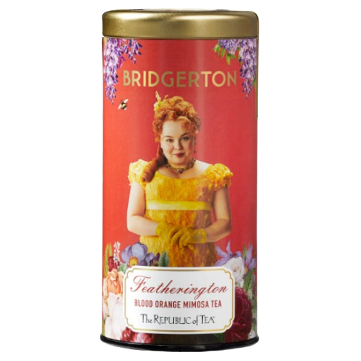 Decorative tea tin with Bridgerton-themed artwork featuring blood orange mimosa flavor by The Republic of Tea