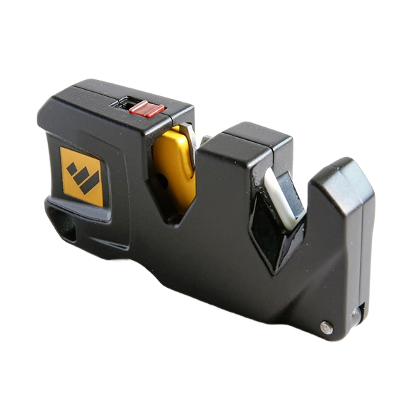 Compact black pivot knife sharpener with yellow and silver sharpening elements for woodworking and kitchen gadgets under $50