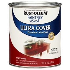 Quart can of Rust-Oleum colonial red satin paint for specialty paint and home improvement projects under $50