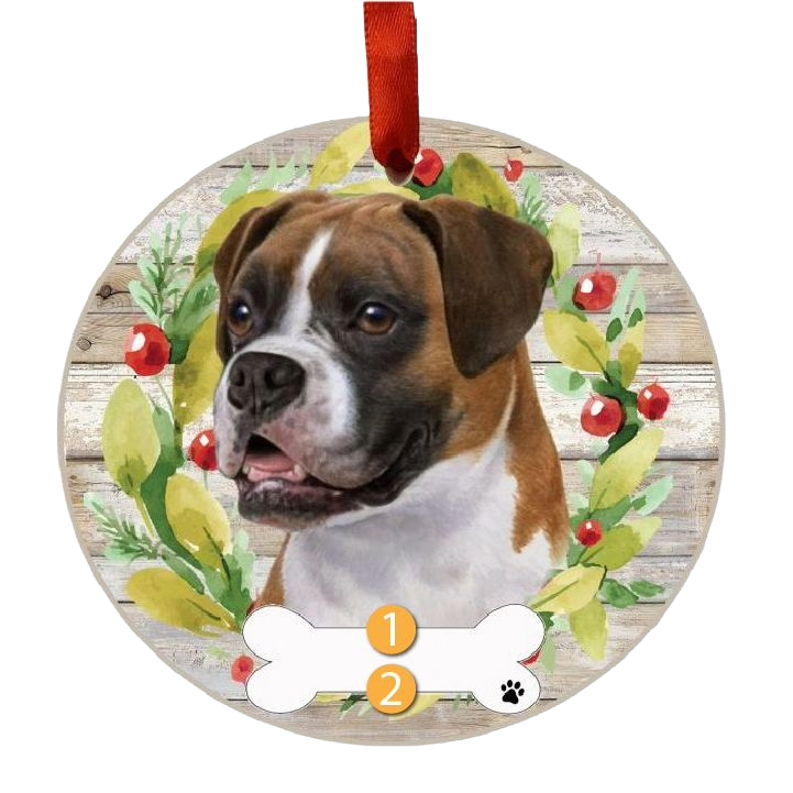 Round Christmas ornament with a Boxer dog face surrounded by a festive holly wreath and hanging red ribbon