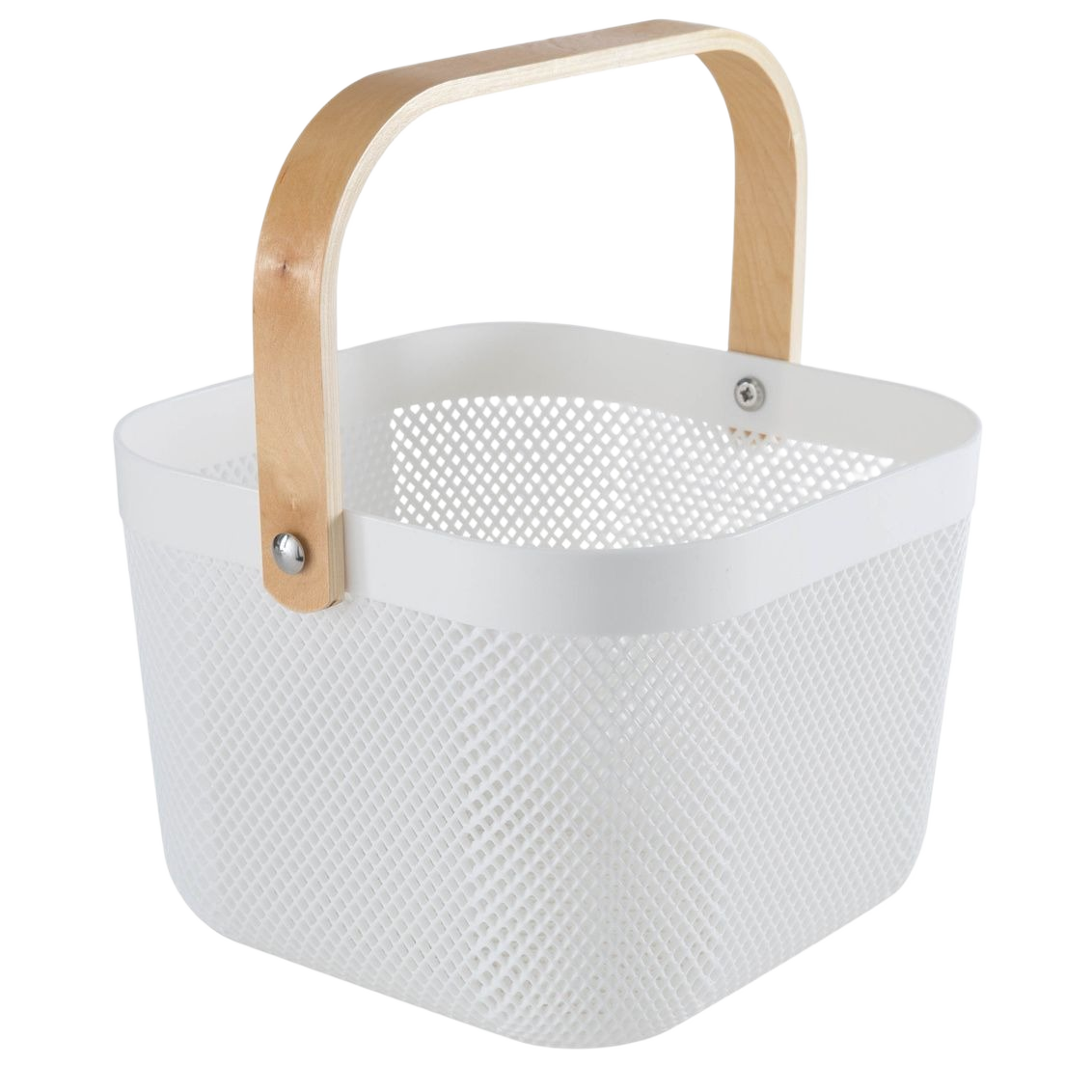 White mesh storage basket with wooden handle for bathroom organization and home improvement under $50 collections