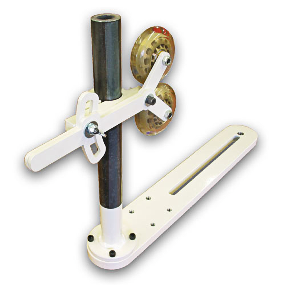 White and black bowl steady rest with adjustable arms and rollers for woodworking lathe support and precision tool use