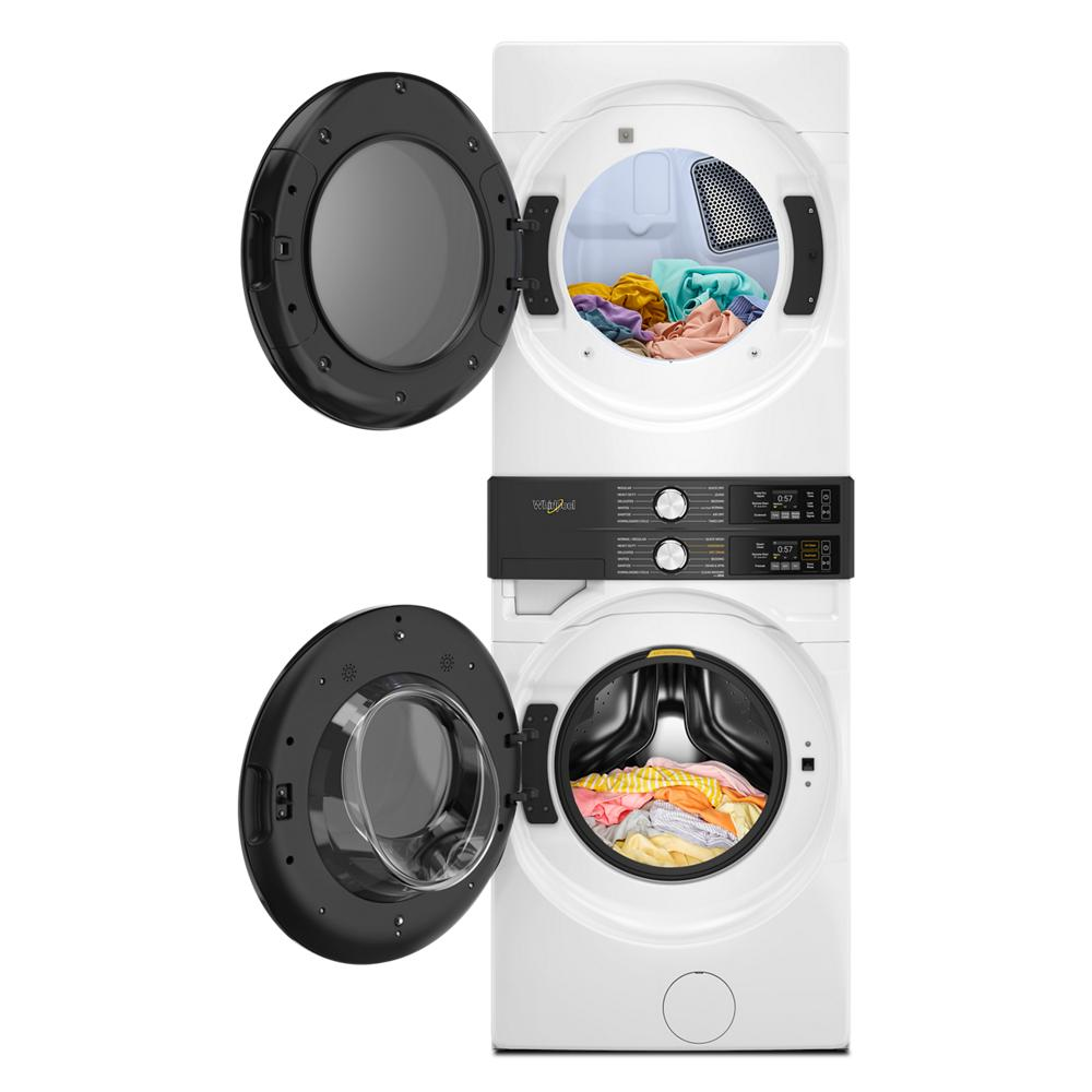 Front load laundry tower in white with top electric dryer and bottom washer, both doors open showing colorful clothes inside, part of Washer/Dryer Combos and Appliance laundry centers collections.