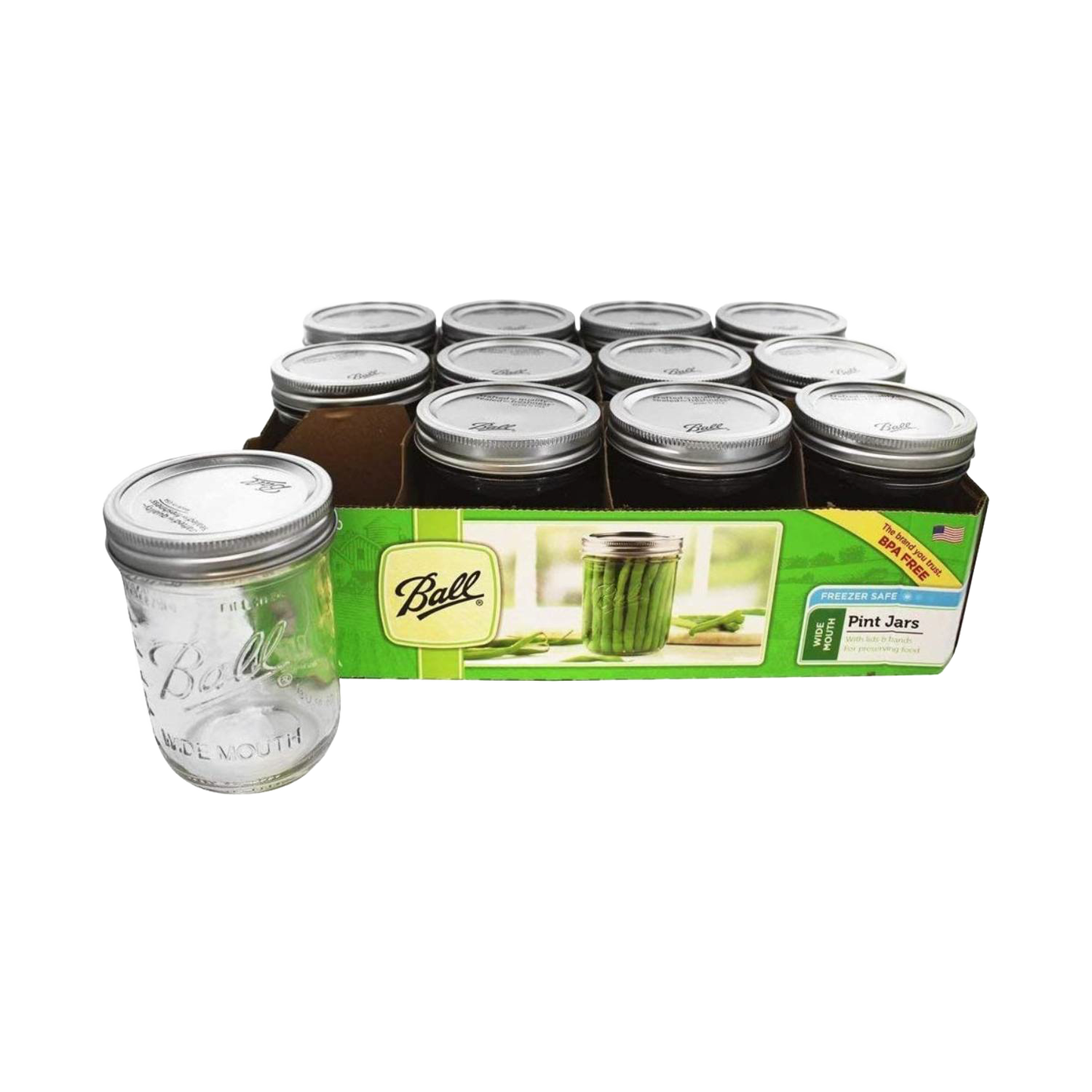 Set of twelve clear glass pint jars with silver lids for kitchenware and home storage under $50