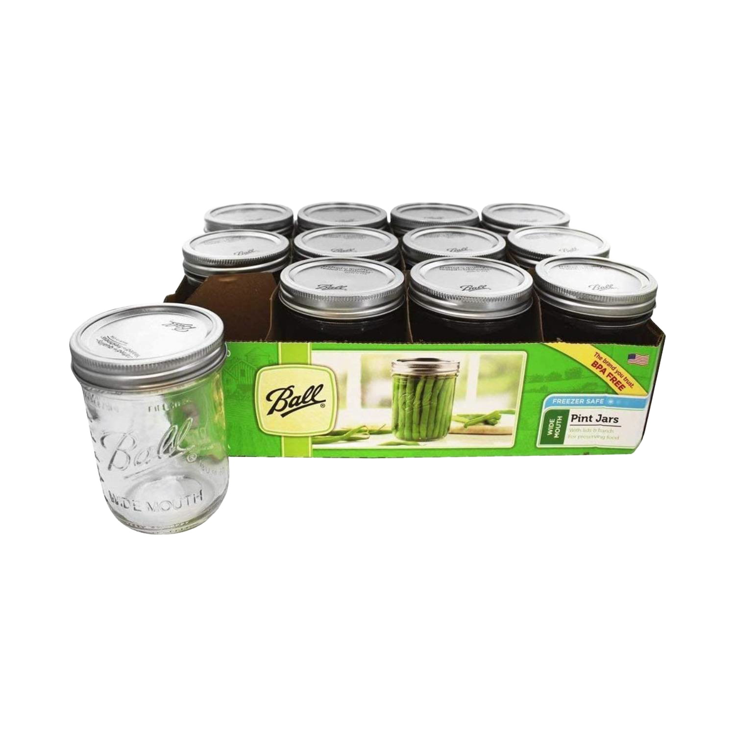 Set of twelve clear glass pint jars with silver lids for kitchenware and home storage under $50