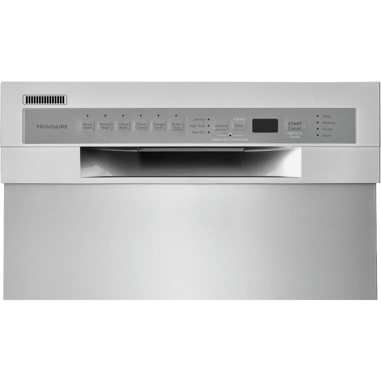 Front panel of a stainless steel built-in dishwasher with digital controls and multiple wash cycle options from kitchen appliances collection