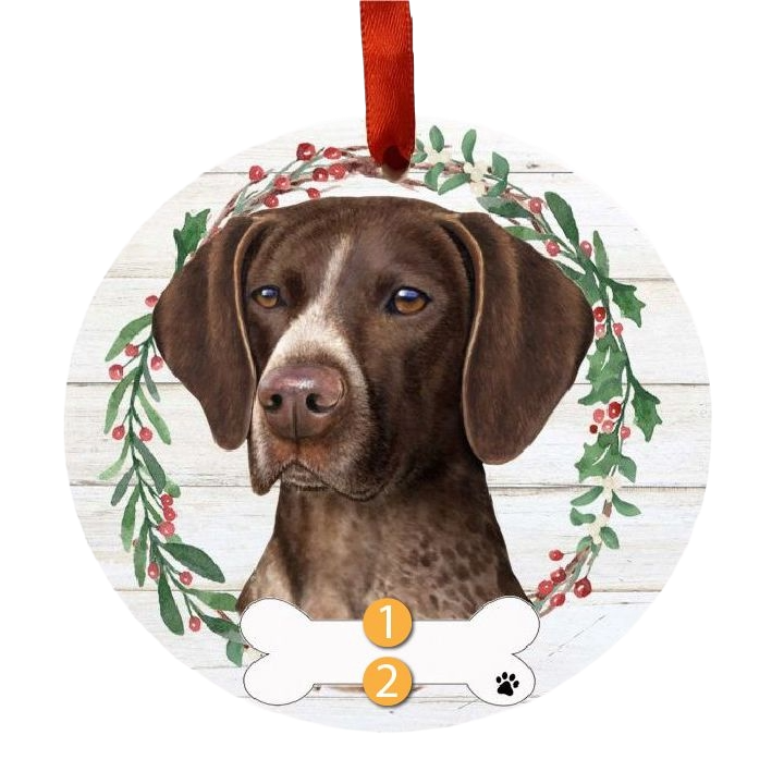 Round Christmas ornament featuring a German Shorthaired Pointer face with a festive wreath and red hanging ribbon