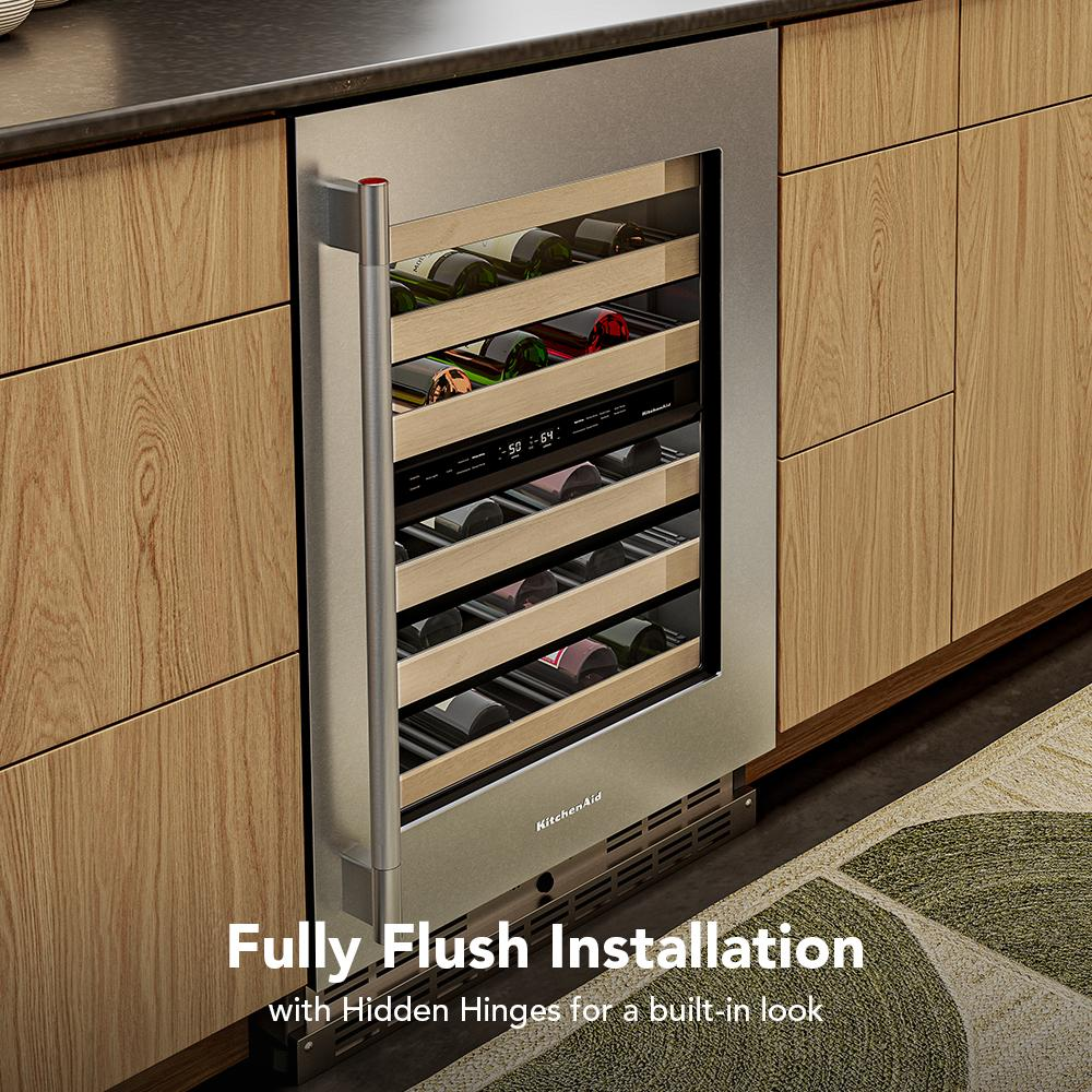Undercounter wine cellar with stainless steel frame, wood-front racks, glass door, and digital temperature control panel.