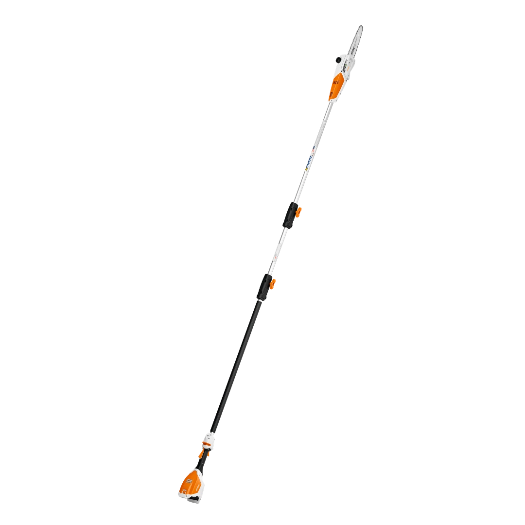 Battery-powered pole pruner with 10-inch cutting blade and ergonomic handle for home improvement trimming tasks