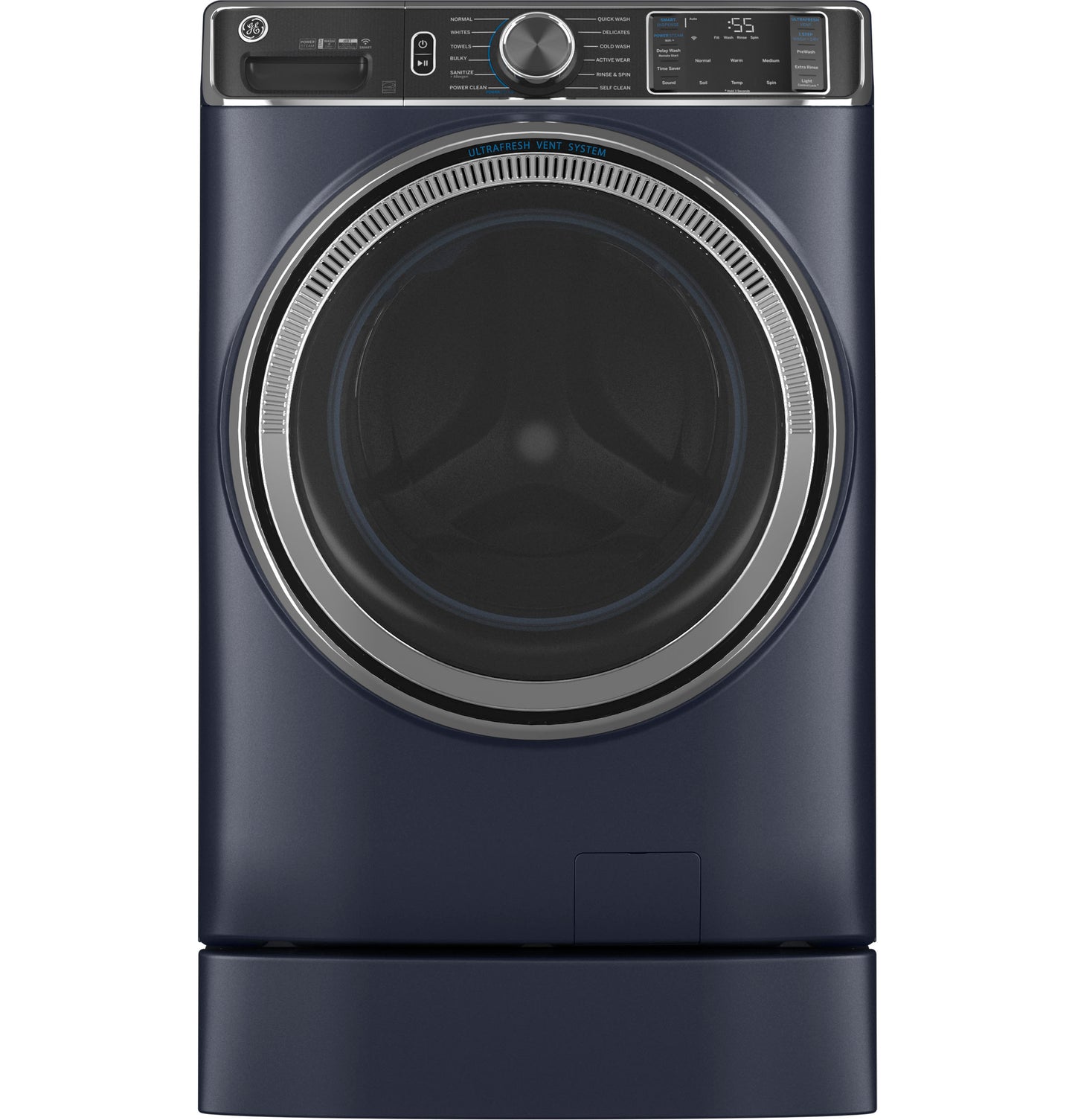 Dark blue front-load washer on matching pedestal riser from appliance parts and accessories collection