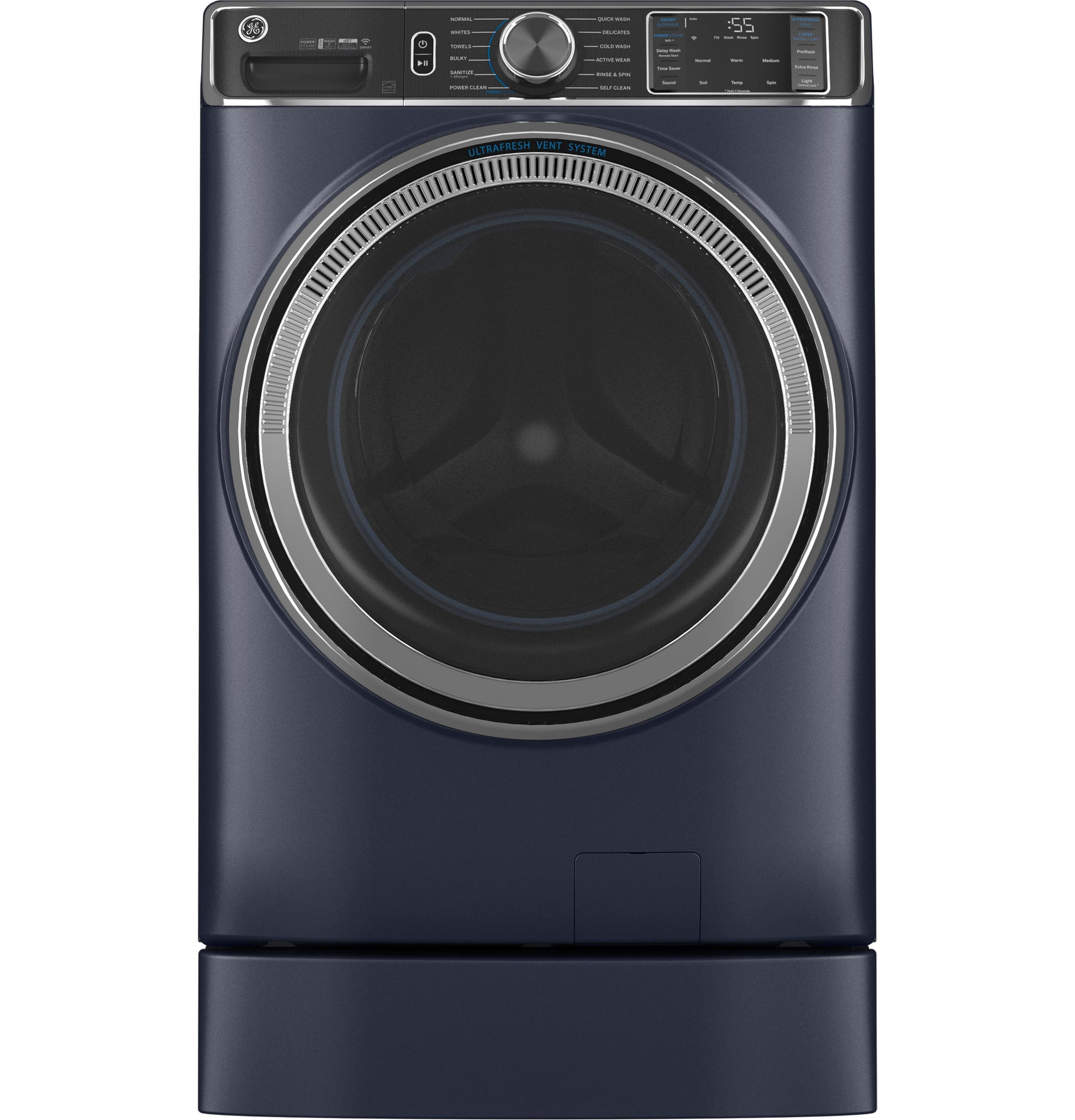 Dark blue front-load washer on matching pedestal riser from appliance parts and accessories collection