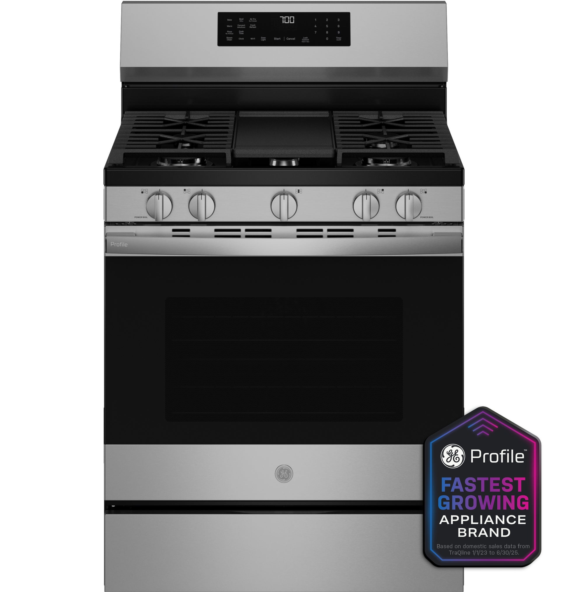 Stainless steel gas range with convection oven, five burners, digital controls, designed for modern kitchens and appliances collections