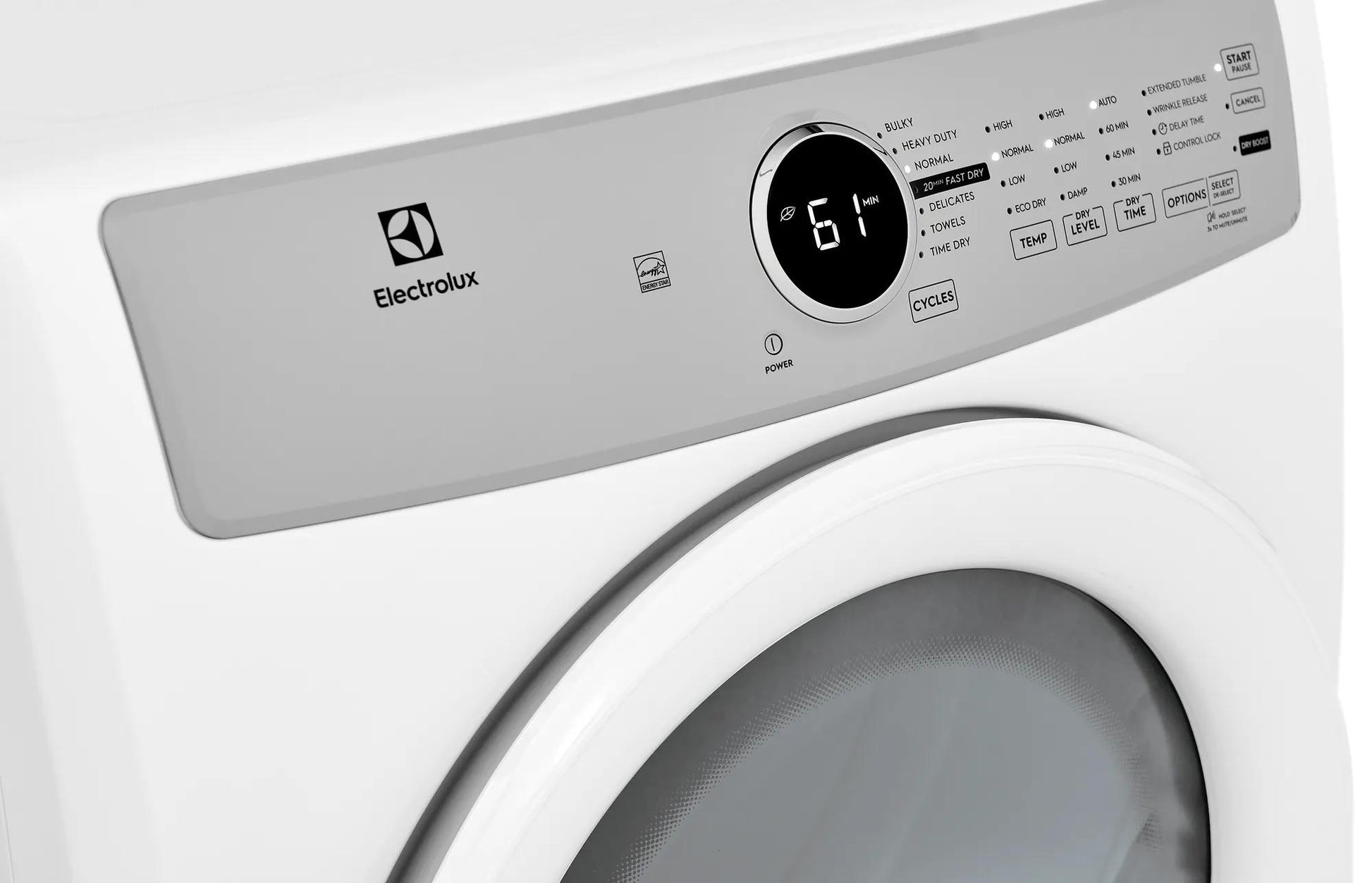 Close-up of a white front load gas dryer control panel with digital display from Dryers and Appliances collections