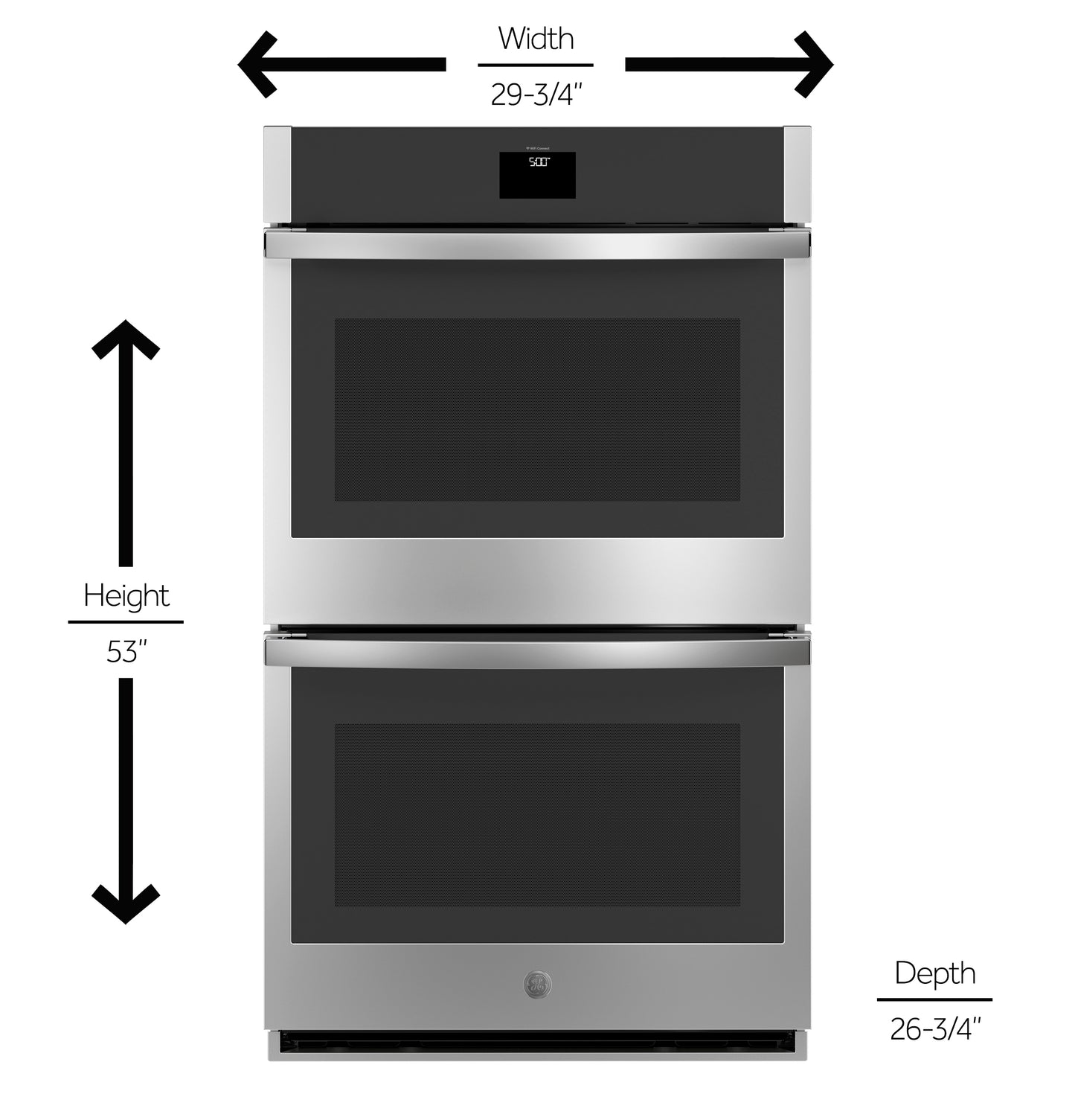 Front view of stainless steel smart built-in double wall oven with labeled height, width, and depth measurements