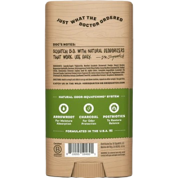 Recyclable deodorant container with natural ingredients list and odor control benefits in eco-friendly packaging