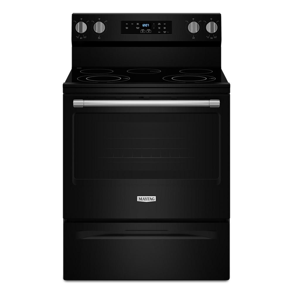 Front view of black electric range with Edge-to-Edge cooktop and digital control panel from kitchen appliances collection