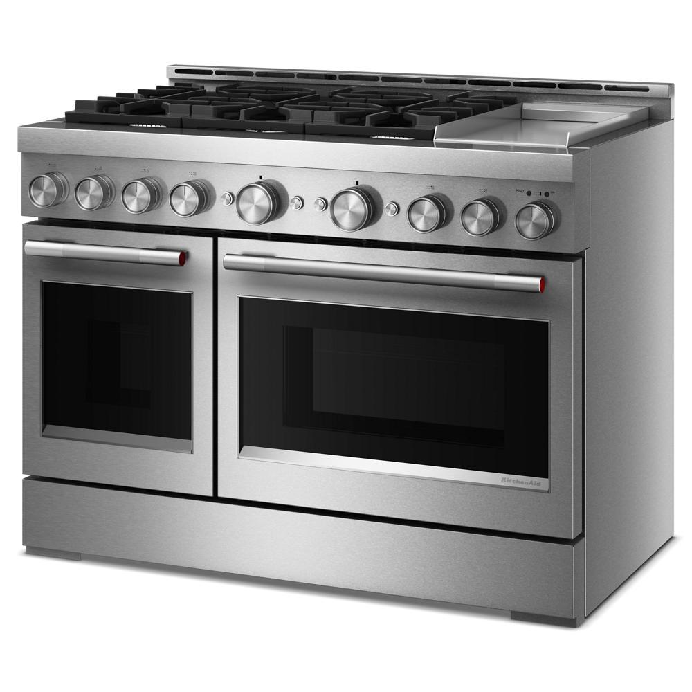 Stainless steel 48-inch commercial gas range with six burners, dual ovens, and electric griddle in kitchen appliances collection