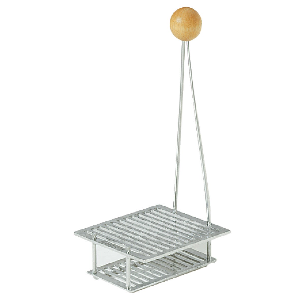 Metal rack with wooden handle designed for sterilizing canning lids during home food preservation tasks