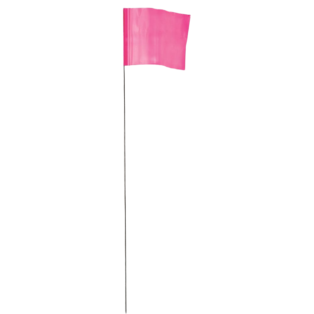 Bright pink plastic stake flag on thin metal rod for marking and measuring in hand and woodworking tools collections