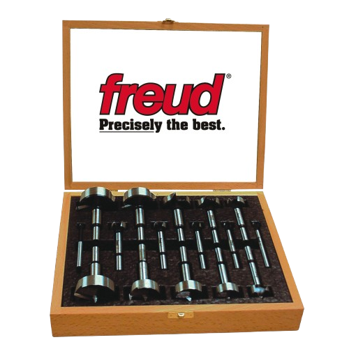 Set of precision Forstner drill bits in wooden case for power tool accessories and home improvement collections