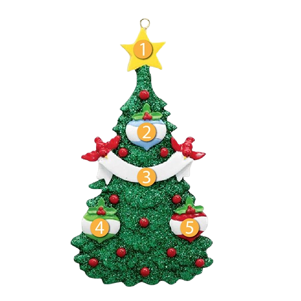 Green glitter Christmas tree ornament with red berries, personalized name plaques, and a yellow star topper for holiday decor under $50 collections