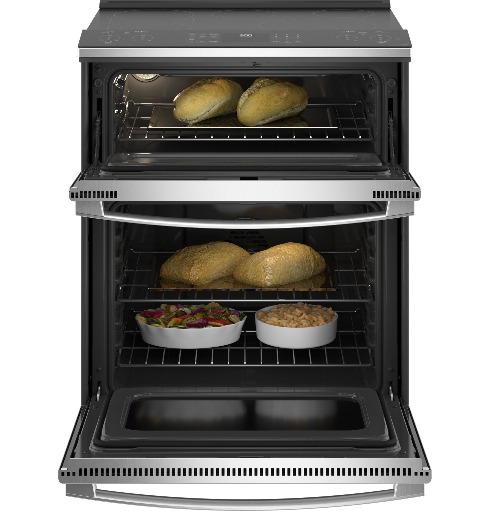 Open smart electric double oven with baked bread and dishes inside from kitchen appliances collection