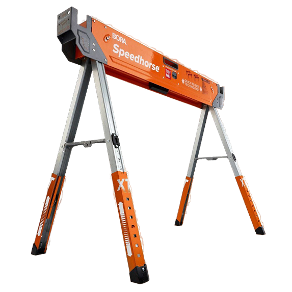 Adjustable orange and silver metal support stand for home improvement and tools use with height measurement markings