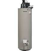 Tall natural gas water heater in gray with power-vent for home improvement and plumbing applications