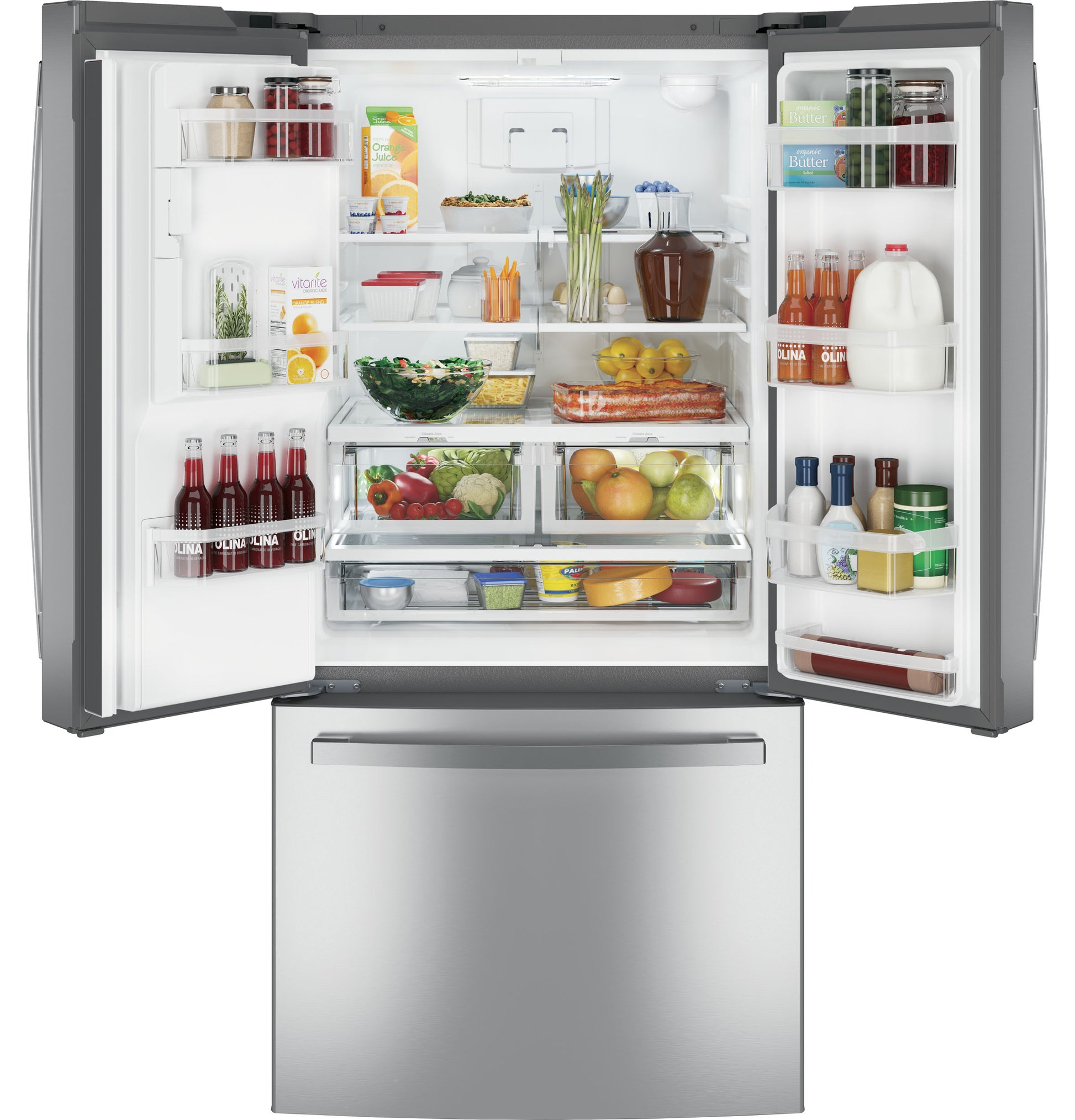 Open stainless steel French-door refrigerator with organized shelves and freezer drawer from Refrigerators and Appliances collections
