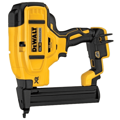 Yellow and black 18 gauge cordless narrow crown stapler with brushless motor for home improvement tasks