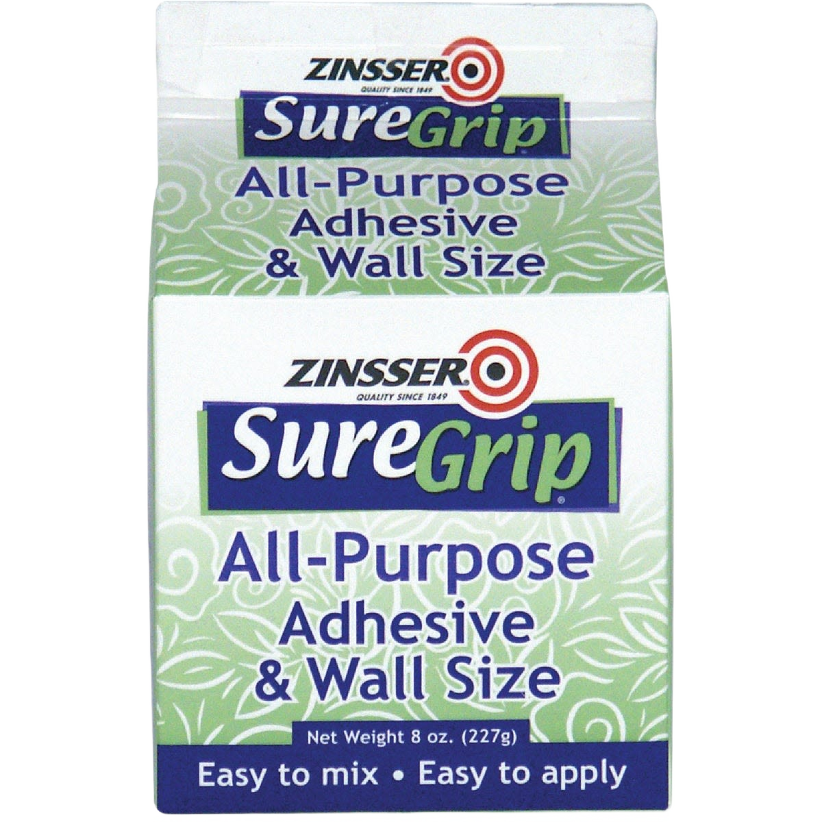 Green and white packaging of SureGrip all-purpose adhesive and wall size for home improvement projects