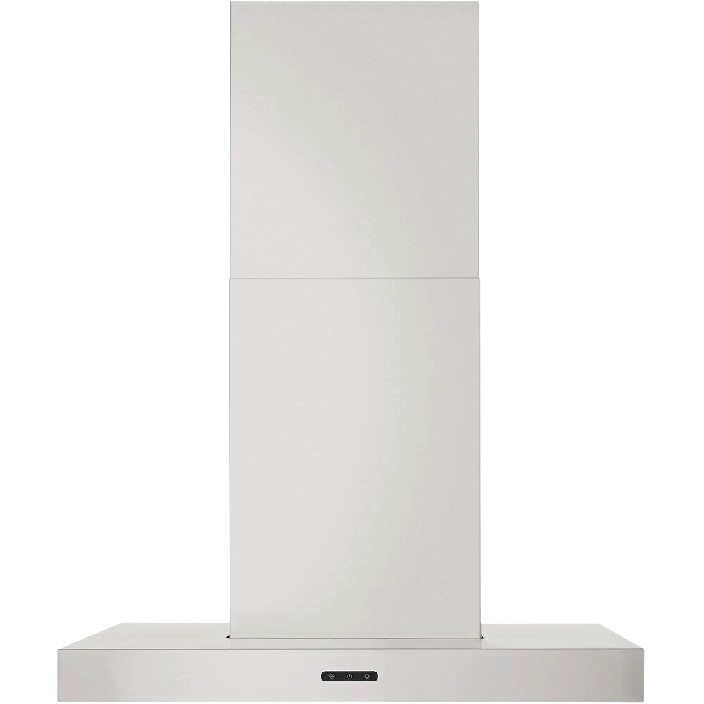 Stainless steel wall mount chimney hood with sleek T-style design, LED lighting, and quiet blower for modern kitchens.