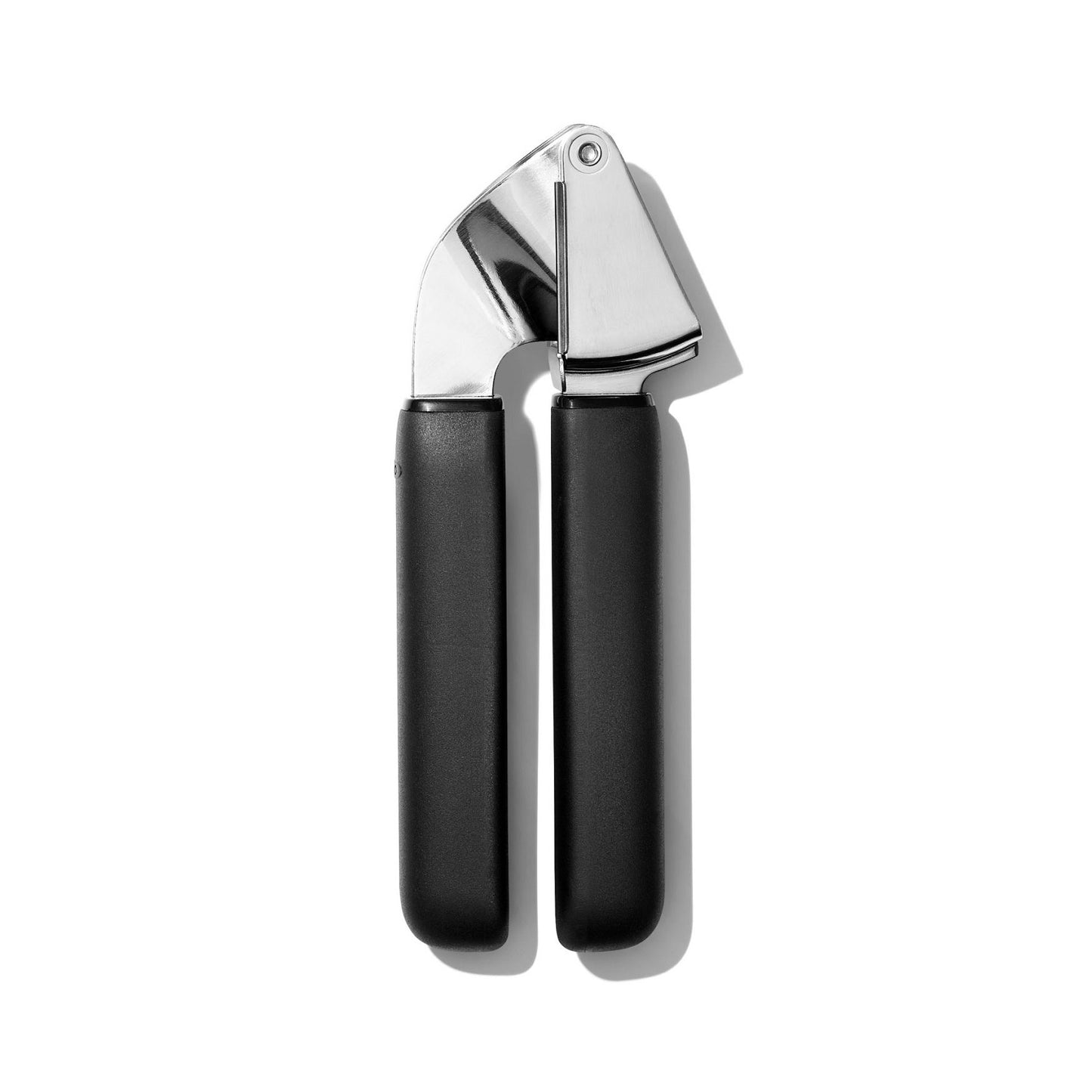 Garlic press with polished metal head and soft black handles for efficient kitchenware and home tools collections under $50