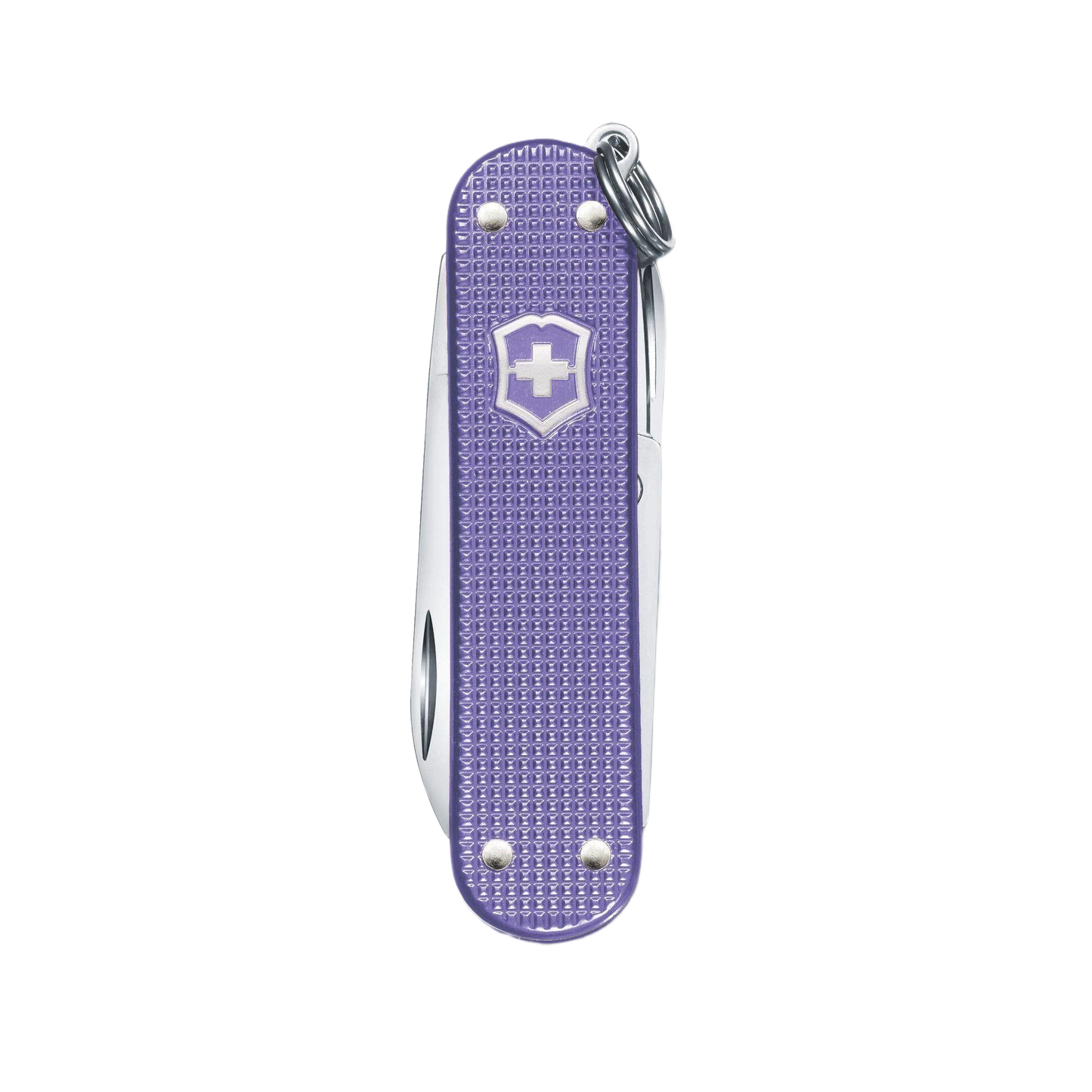 Compact electric lavender pocket knife with textured Alox handle featuring blade, scissors, and nail file in multi-tools collection